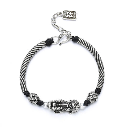 Vintage Beaded 925 Silver Bracelet for Men Lucky Kylin Copper Coins Buddha Wrist Bead Chain Men Party Jewelry Gift