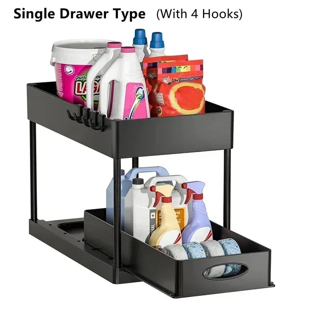 New 2 Tier Under Sink Organizer Sliding Cabinet Basket  Kitchen Organizer Organizer Storage Rack with Hooks Hanging Cup Bathroom