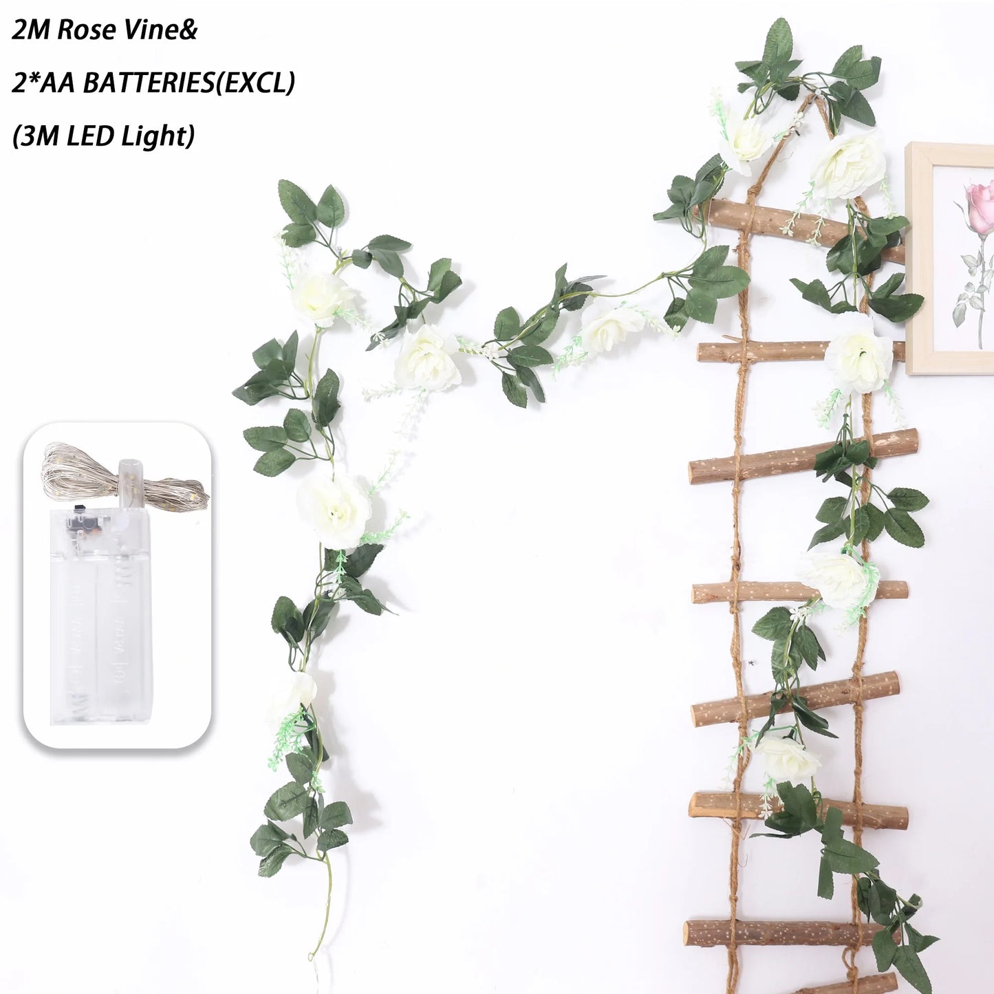 200cm Rose Artificial Flowers Vine LED String Lights For Wedding Garland Home Decor Fake Rose Rattan Hanging Wall Arch Ornament