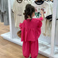 Summer Spring Baby Girls Cotton Loose Red Plaid Ruffle Sleeves Shirt Tops+Crop Pant Sets Child Outfit Kids 2PCS Tracksuit 2-10Yr