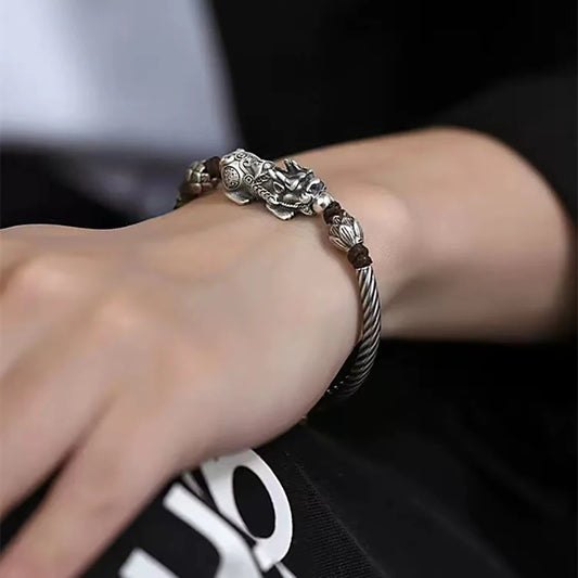 Vintage Beaded 925 Silver Bracelet for Men Lucky Kylin Copper Coins Buddha Wrist Bead Chain Men Party Jewelry Gift