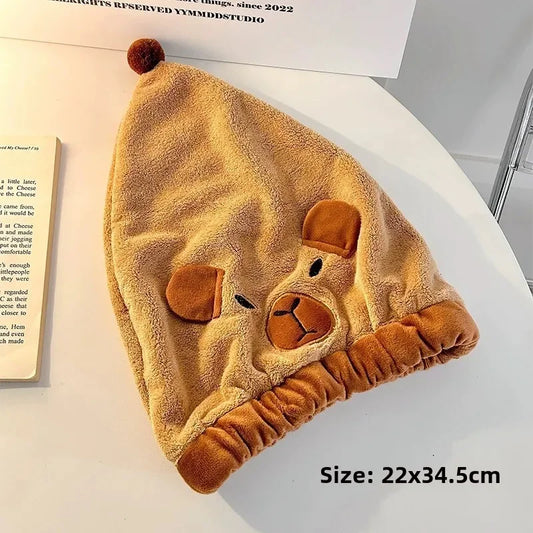 Capybara Dry Hair Cap Coral Fleece Quick Dry Towel Super Absorbent Capybara Head Turban Cute Animal Soft Hair Wraps for Women