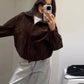 Stand Collar Long Sleeve Zipper Coat Women Elegant Pocket Ruched Loose Fitting Bomber Jacket Fashionable Ladies Autumn Outerwear