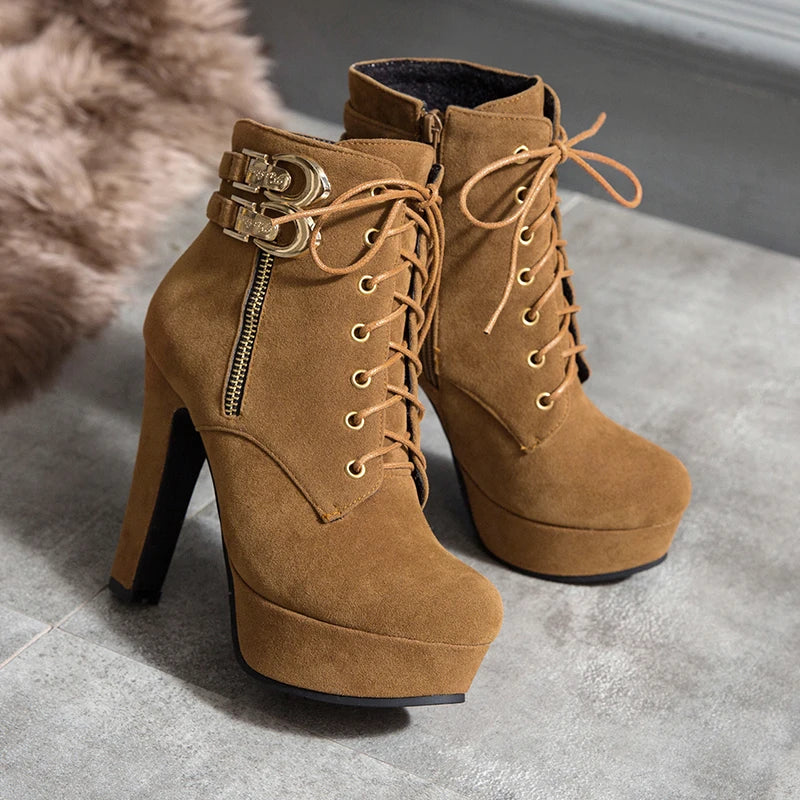 Fashion Women's Ankle Boots High Heeled Platform Short Boot Female Buckle Flock Zipper Gray Ladies Party Shoes Large Size 50