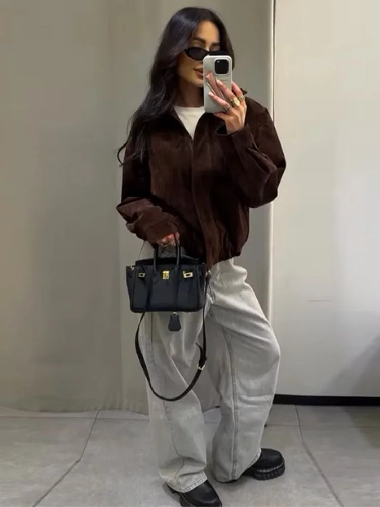 Stand Collar Long Sleeve Zipper Coat Women Elegant Pocket Ruched Loose Fitting Bomber Jacket Fashionable Ladies Autumn Outerwear