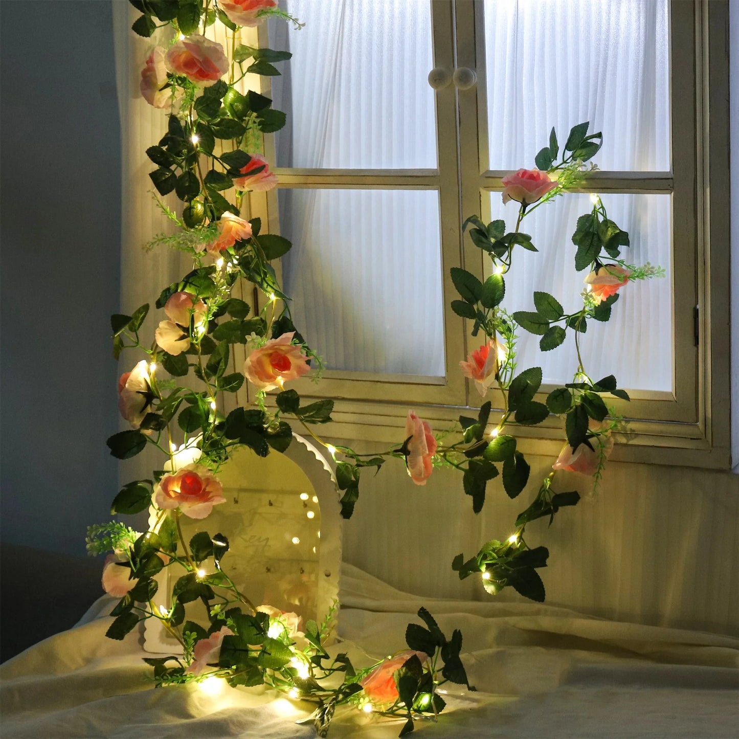 200cm Rose Artificial Flowers Vine LED String Lights For Wedding Garland Home Decor Fake Rose Rattan Hanging Wall Arch Ornament