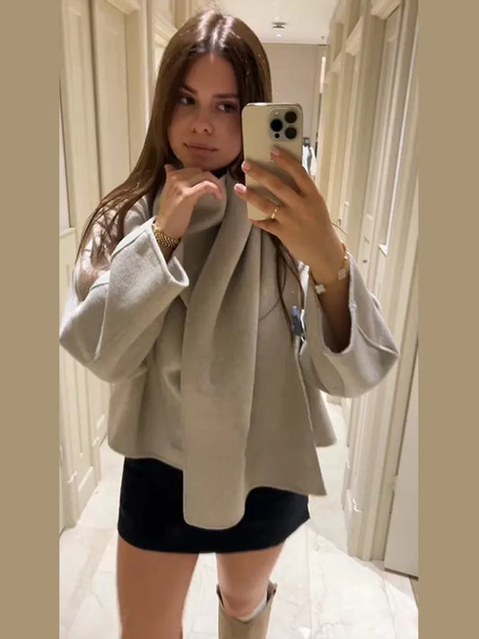 Winter Jacket Women Scarf Collar Short Woolen Coats Autumn 2025 Old Money Long Sleeve Solid Loose Bomber Jackets Chic Outerwears