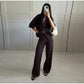 Fashion Knitted Long Pants Sets For Women Elegant Short Sleeve Lapel Single Breasted Cardigan Wide Leg Trousers 2 Pieces Suits
