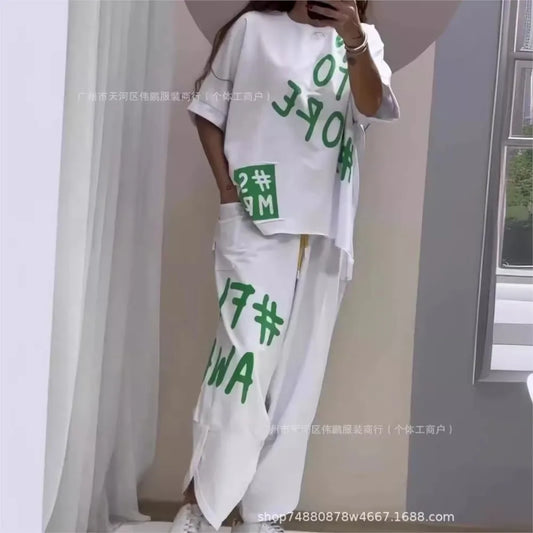 Spring Summer New Fashion Letters Printed T Shirt Women Short Sleeve Suit Simple Loose Casual Pocket Female Pants 2 Piece Set