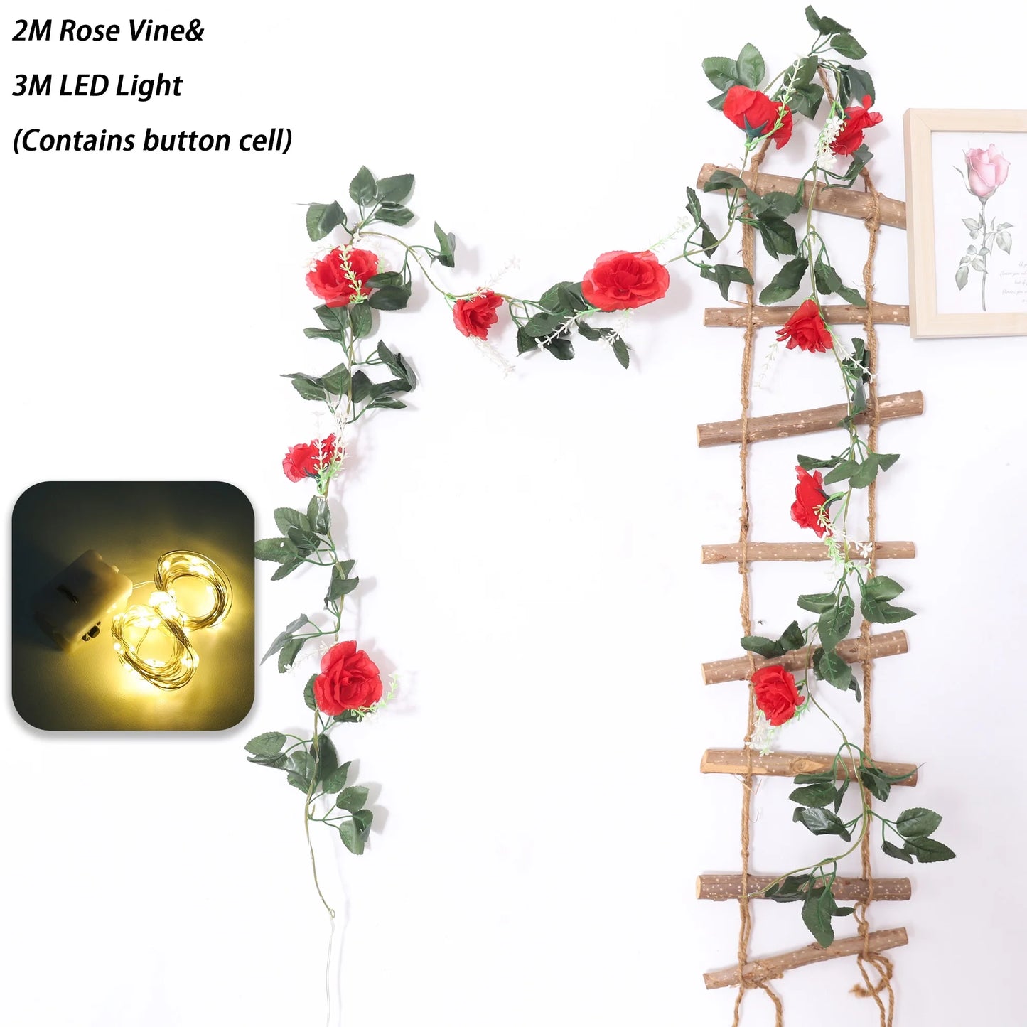 200cm Rose Artificial Flowers Vine LED String Lights For Wedding Garland Home Decor Fake Rose Rattan Hanging Wall Arch Ornament