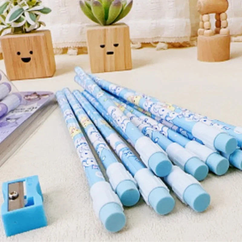 12Pcs Sanrio My Melody Wood Pencil HB with Rubber and Pencil Sharpener Cartoon Student Pencils School Student Stationery