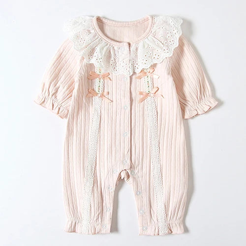 Infant Baby Girls Jumpsuit+Hat Embroidery Lace Stitching Cotton Long Sleeve Toddler Baby Girl Romper Spring Autumn Baby Clothes