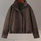 Stand Collar Long Sleeve Zipper Coat Women Elegant Pocket Ruched Loose Fitting Bomber Jacket Fashionable Ladies Autumn Outerwear