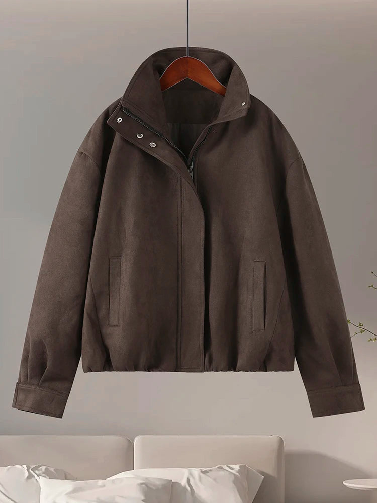 Stand Collar Long Sleeve Zipper Coat Women Elegant Pocket Ruched Loose Fitting Bomber Jacket Fashionable Ladies Autumn Outerwear