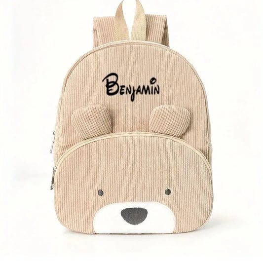 Customized Name Toddler Cartoon Backpack Cartoon Bear Corduroy Large Capacity Backpack Embroidered Name Backpack Cute Plush Bag