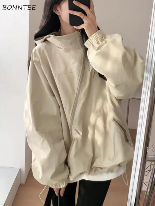 Jackets Women Solid Loose Hooded Simple Zippers Spring Leisure Pockets Japanese Style Attractive Creativity Fashion All-match