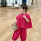 Summer Spring Baby Girls Cotton Loose Red Plaid Ruffle Sleeves Shirt Tops+Crop Pant Sets Child Outfit Kids 2PCS Tracksuit 2-10Yr