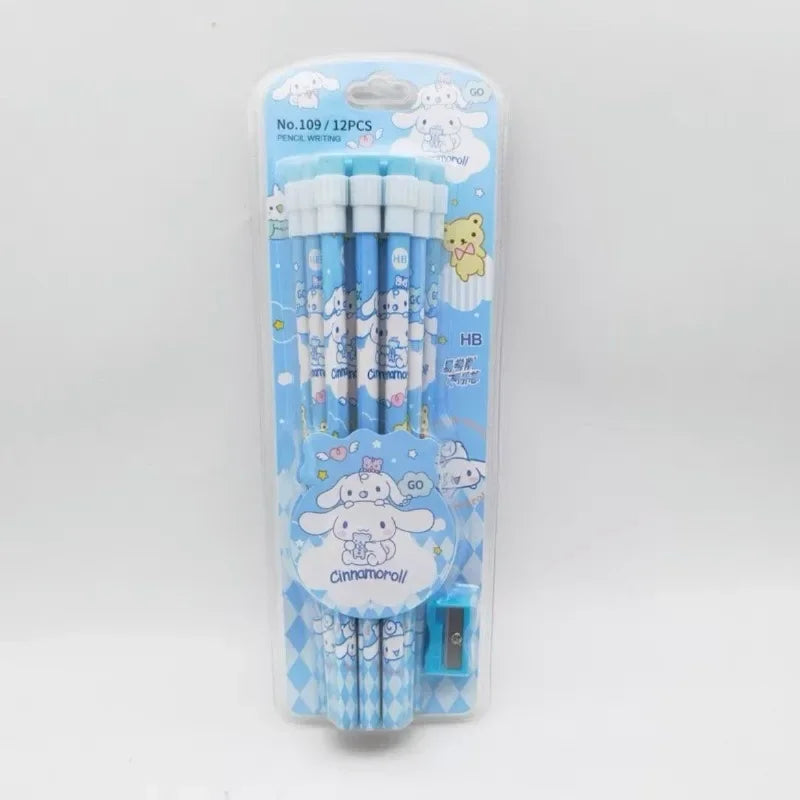 12Pcs Sanrio My Melody Wood Pencil HB with Rubber and Pencil Sharpener Cartoon Student Pencils School Student Stationery