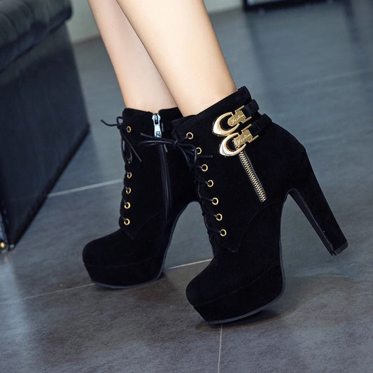 Fashion Women's Ankle Boots High Heeled Platform Short Boot Female Buckle Flock Zipper Gray Ladies Party Shoes Large Size 50