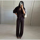 Fashion Knitted Long Pants Sets For Women Elegant Short Sleeve Lapel Single Breasted Cardigan Wide Leg Trousers 2 Pieces Suits