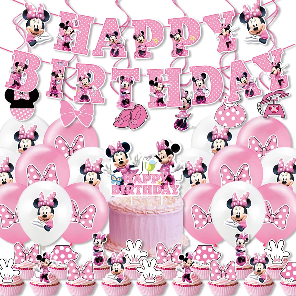 Minnie Mouse Birthday Party Decorate Girls Disposable Tableware Balloon Cups Plates Tablecloth Balloon Baby Shower Party Supply