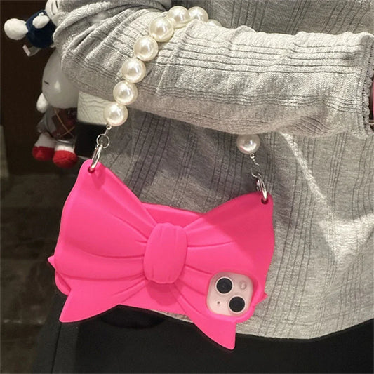 Cute 3D Pink Bowknot Handbag Silicone Phone Case For iPhone 14 13 12 Pro Max 15 Lovely Girl Shockproof Soft Cover