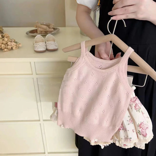 Ins Summer Toddler Girl Outfit 2024 Hollow Cool Slip Tees Lace Rose Flower Bud Shorts Baby Girl 2PCS Clothes Set Kid Girl Suits